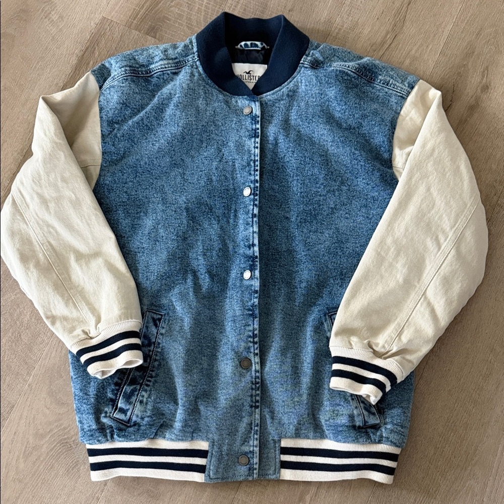 Hollister Blue and white denim varsity jacket, oversized fit. Size Medium